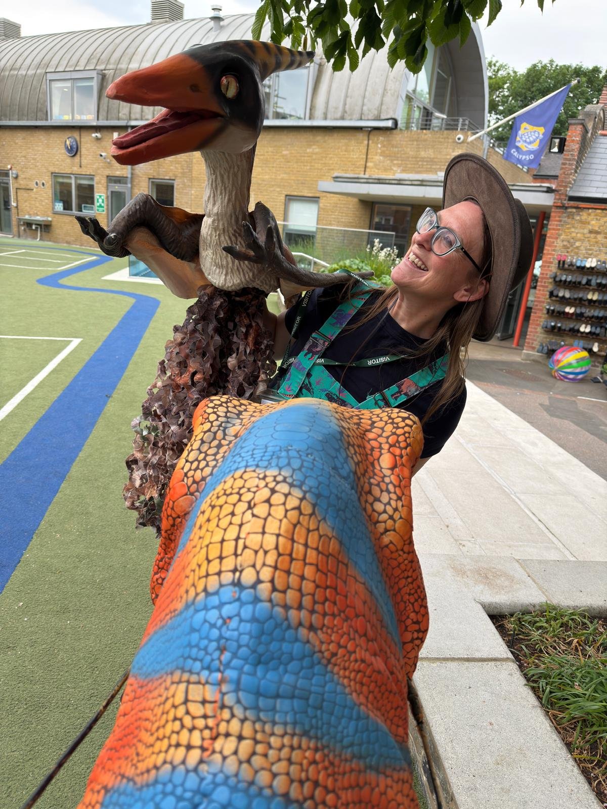 Close up of an interactive raptor puppet