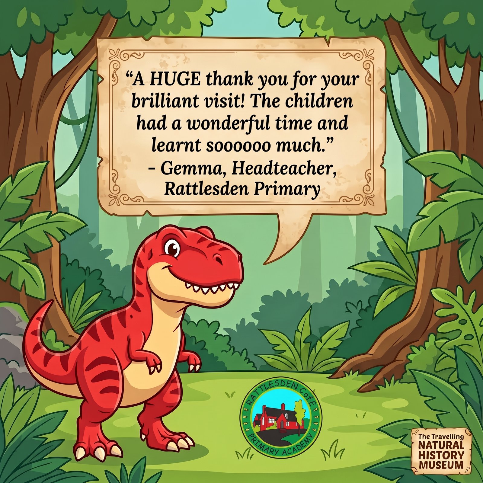 Customer reviews graphic from Rattlesden Primary praising the dinosaur workshop