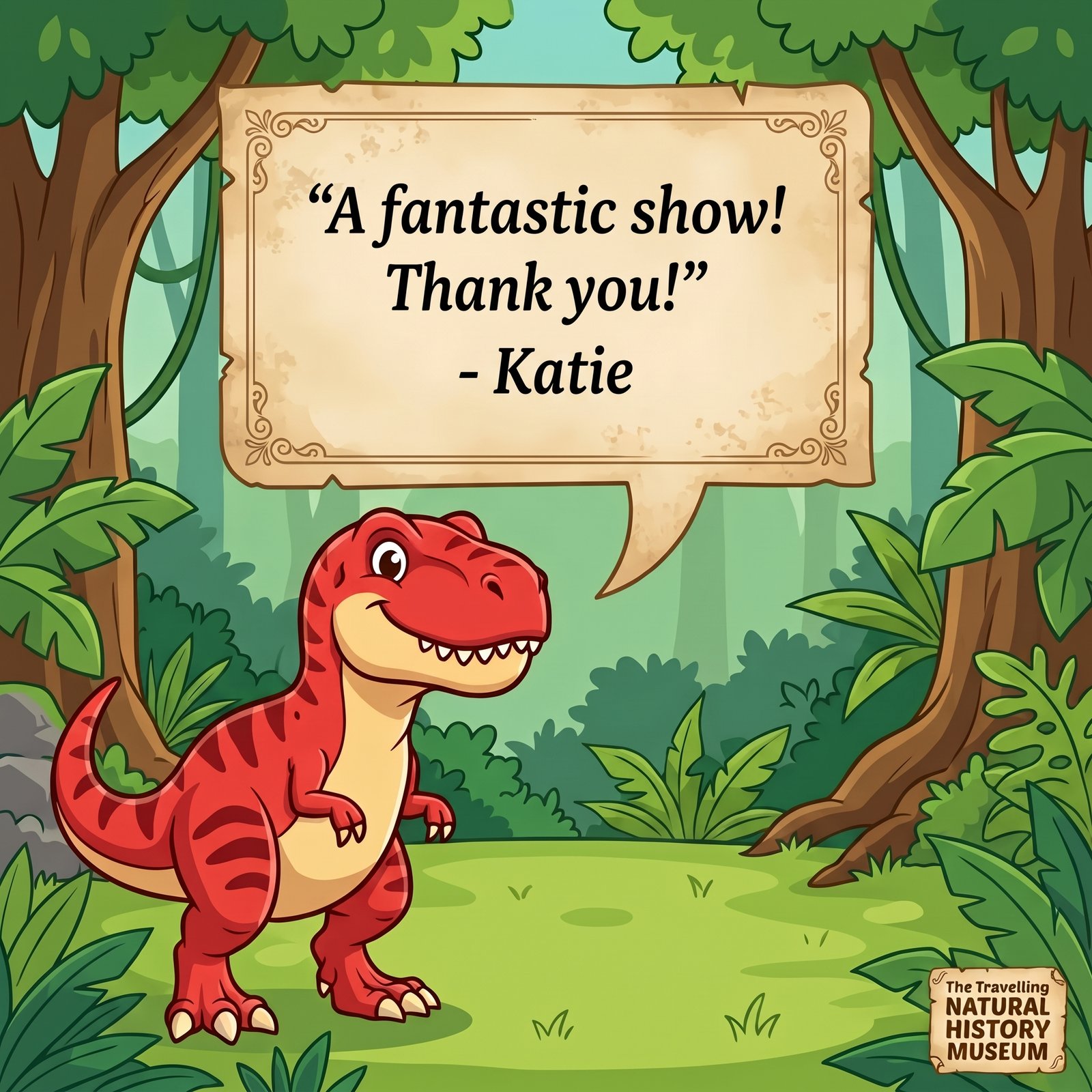 Customer reviews testimonial card showing fantastic dinosaur show praise